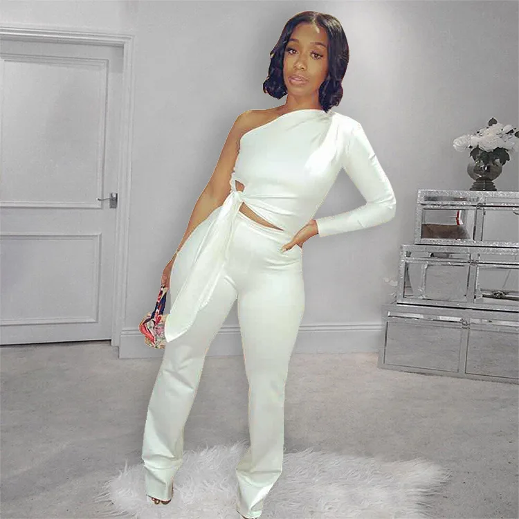 

Chocomist Two-piece Sexy Solid Party Nightclub Wear One-shoulder Design Women Pant Set 6032