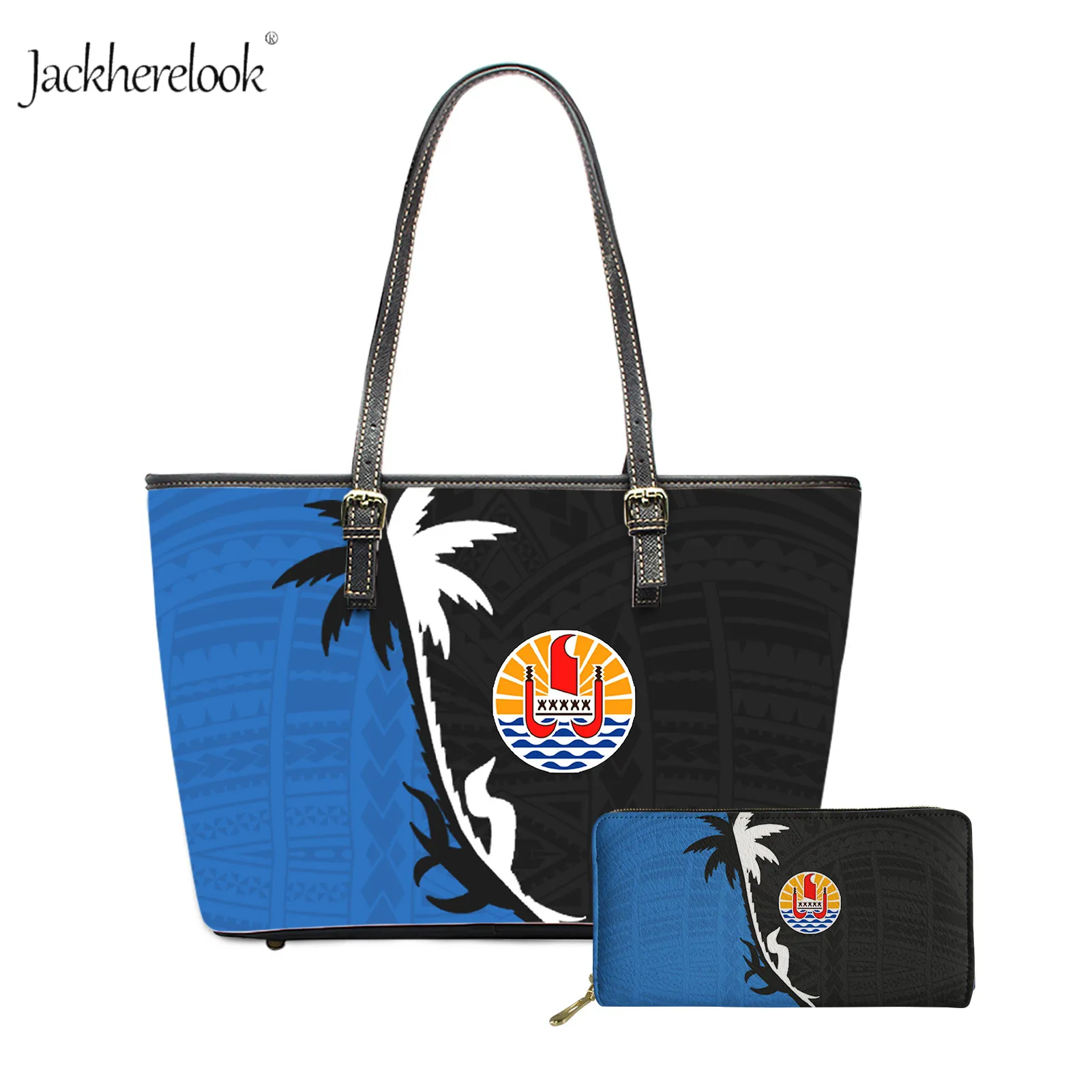 

Jackherelook Ladies Traditional Tribe Samoan Style Zipper Shopping Bag Sets Girls 2pcs Hand Bags Sets French PU Long Wallet