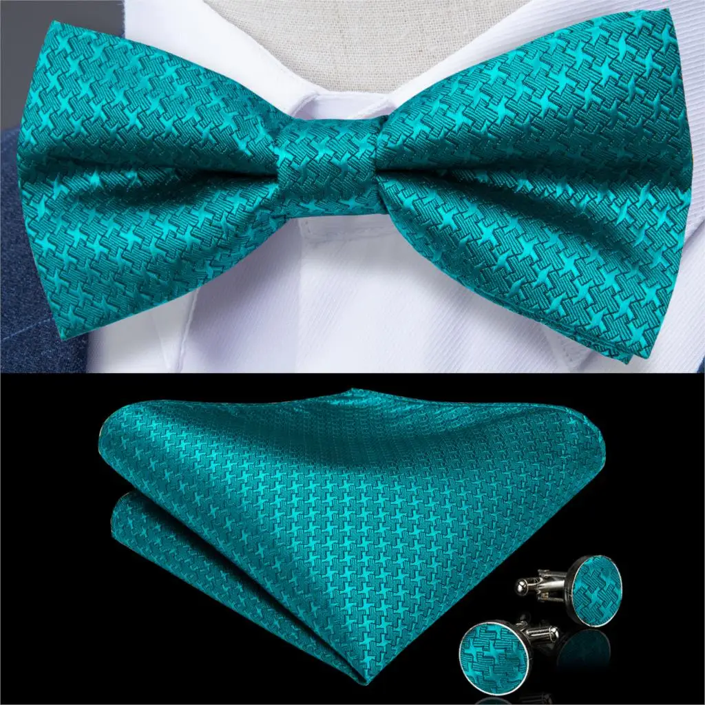 Мужской галстук бабочка модный темно зеленый однотонный шелковый набор запонок