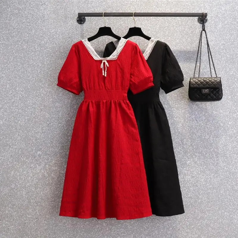 

EHQAXIN Plus Size Women Elegant Beading Dress Summer Loose Lace Patchwork Square Collar Puff Short Sleeve Ladies Dresses L-4XL