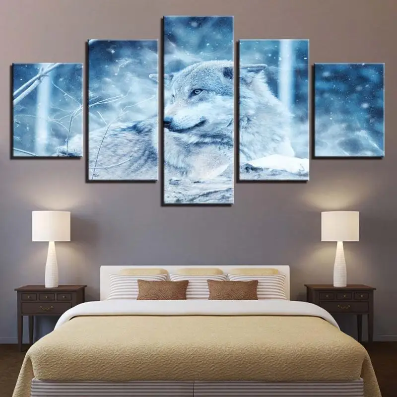 

Modular HD Printed Canvas Pictures Frameless Wall Art 5 Pieces Animal Wolf Painting Snowflakes Scenery Poster Living Room Decor