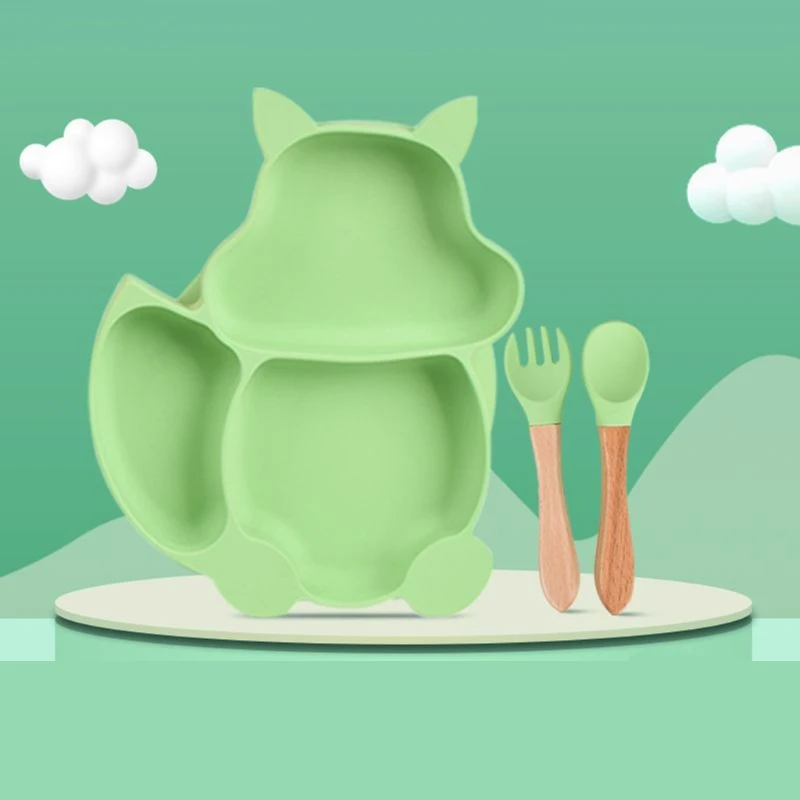 

5 Pcs Baby Silicone Bibs Squirrel Divided Dinner Plate Sucker Bowl Spoon Fork Set Training Feeding Food Utensil Dishes Tableware