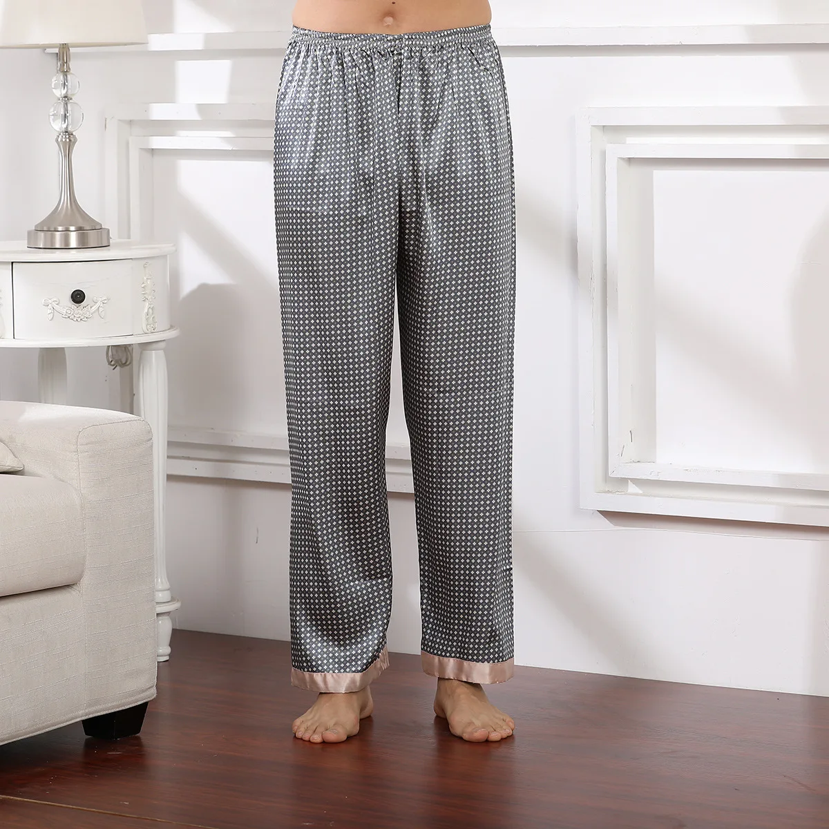 Print Pants Satin Sleepwear Men Pajamas Sleep Bottoms Casual Nightwear PJS Faux Silk Pijamas Home Pants Spring Summer New