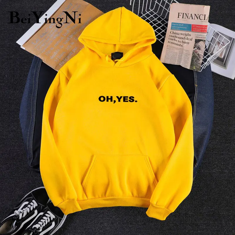 Beiyingni OH YES принт негабаритный свитшот для женщин 7 цветов BF с капюшоном Женская Толстовка повседневные винтажные худи шикарные горячие продажи спортивные костюмы - Цвет: Цвет: желтый