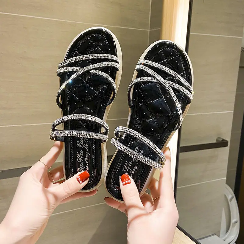 

Two-Way Wear Soft Bottom Rhinestone Sandals Women's Mid Heel Flat Shoes 2021 Summer New Women's Sandals Non-Slip Slippers