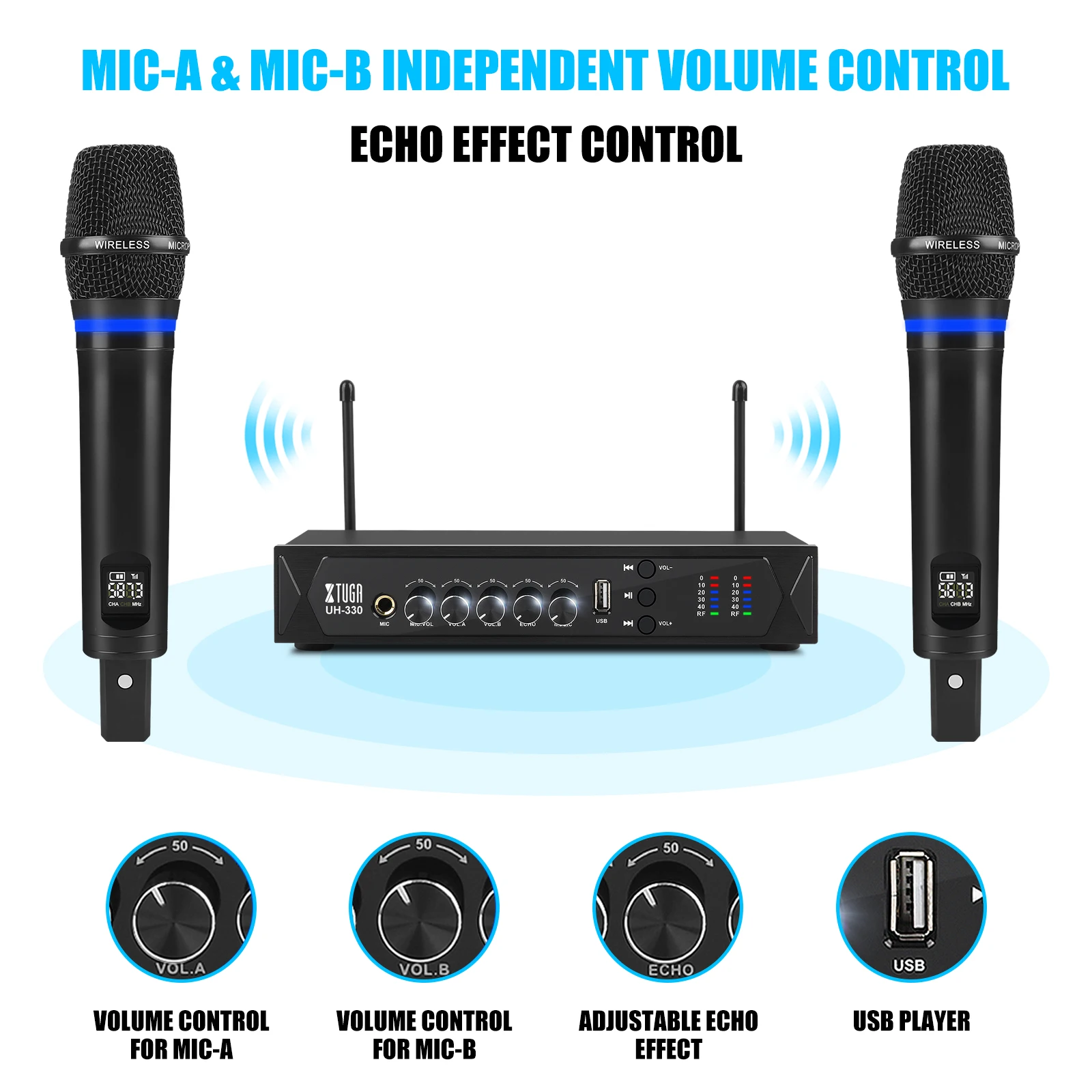 XTUGA UH330 перезаряжаемый беспроводной ручной микрофон с эффектом эха Bluetooth
