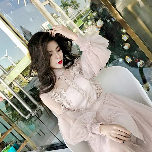 2019 New Women Fashion Dress Stand Collar Lantern Sleeve Mesh See-through Lace Embroidery Fairy Femme Vestidos Robe | Женская одежда