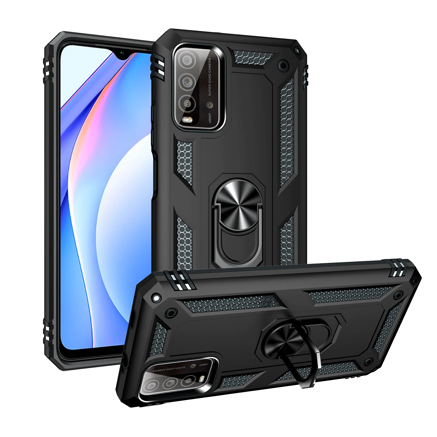 

Shockproof Heavy Kickstand Phone Case For Xiaomi Redmi 10S 9T 9 Power Fashion Rugged Armor Ring Magnetic Protection Back Cover
