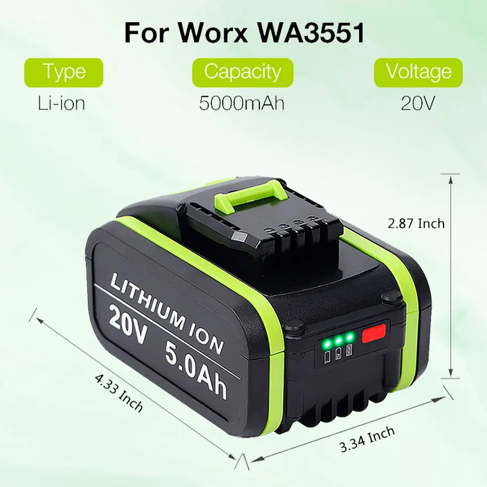 

2021 20V 5000mAh Li-ion rechargeable replacement battery, suitable for Worx power tools WA3551 WX390 WX176 WX178 WX678 WG894E