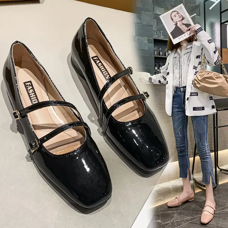 

2021 Spring Autumn Women Flats Double Buckle Mary Janes Shoes Patent Leather Boat Shoes Comfortable Square Toe Ladies Shoes Hot