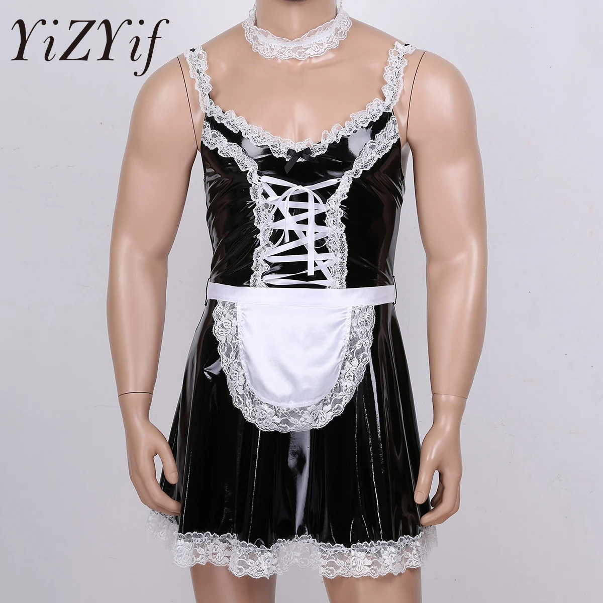 

Мужское нижнее белье для косплея, лакированная кожа, экзотическое, сексуальные костюмы с кружевами отделка, гей-платье с фартуком, ремешок н...