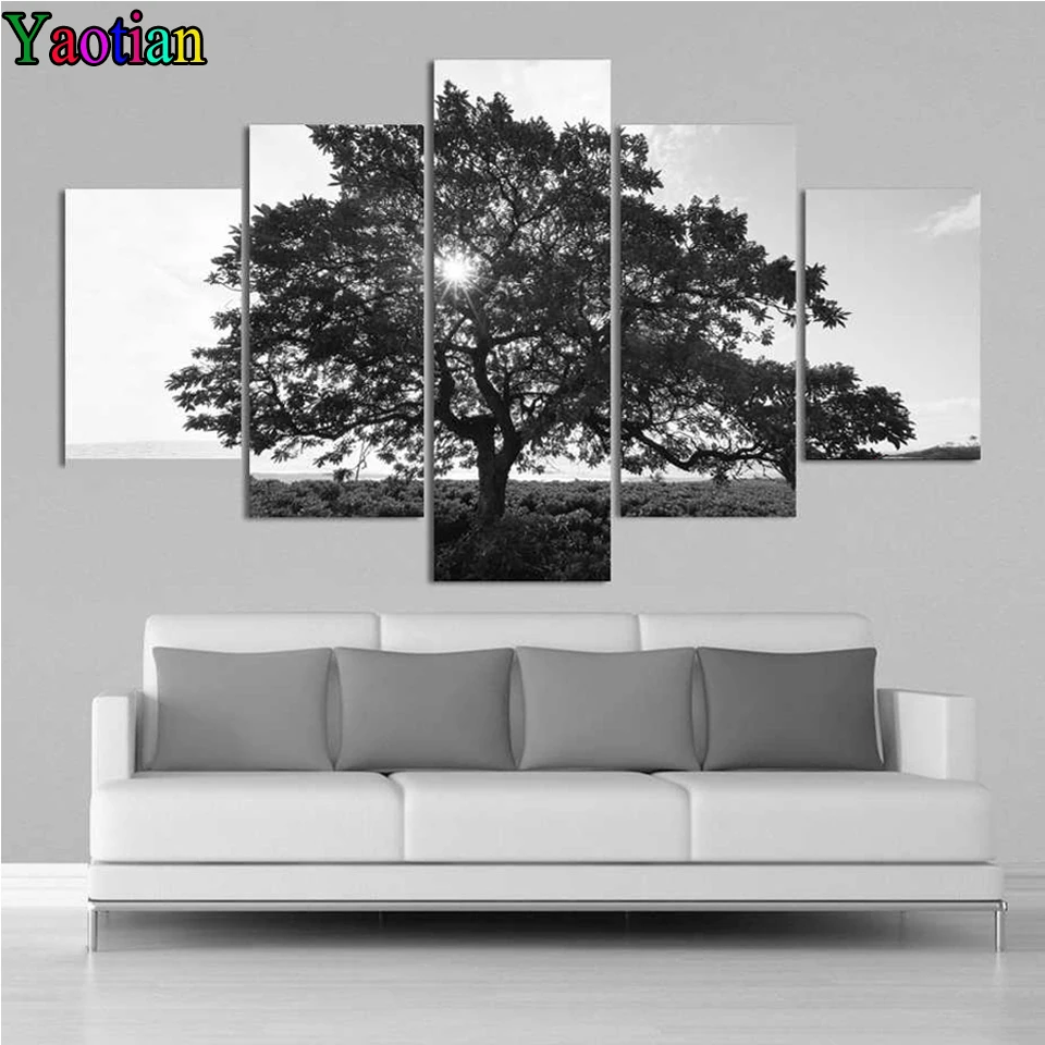 

5 Piece Sunset Black And White Tree Scenery Diamond Painting Living Room Decoration Diamond Embroidery Full Round Square Drill