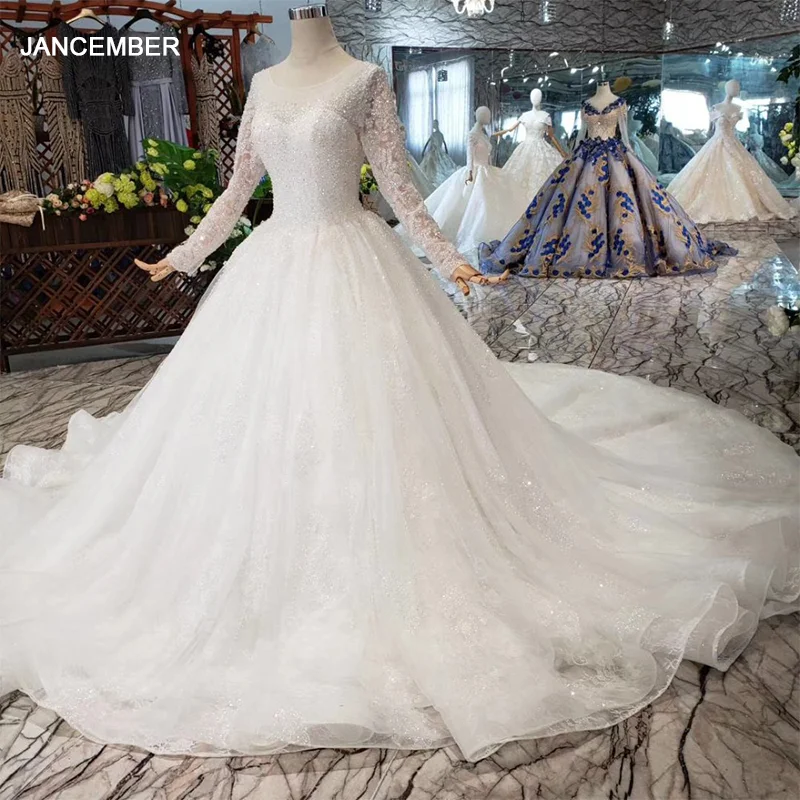 

HTL258G Heavy Handmade Wedding Dresses 2021 With Long Sleeves O-Neck Sequined Crystal Beading Lace Up Back