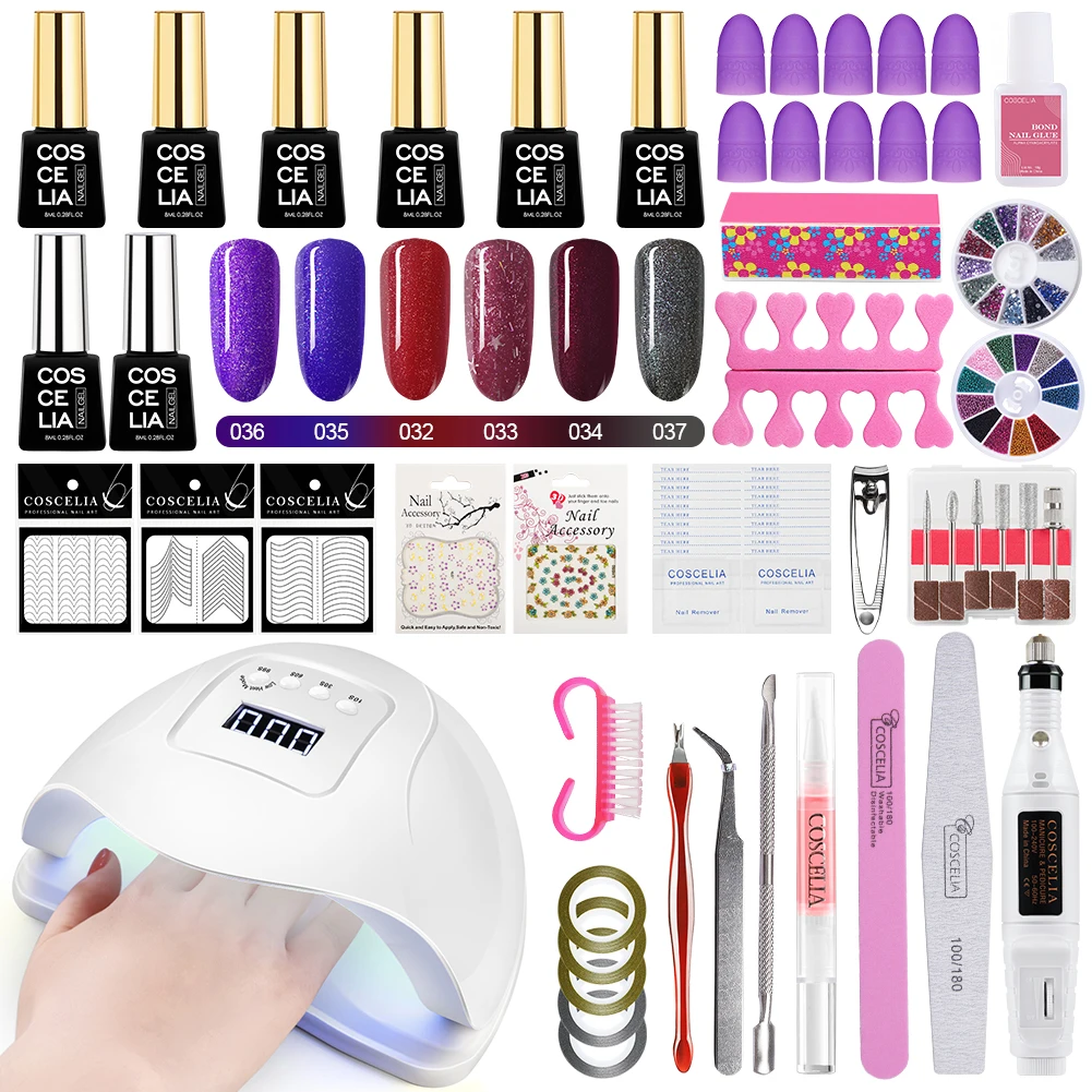 6pc manicure set COSCELIA 80 Вт УФ светодиодная лампа для сушки ногтей для маникюра Набор Комплект гель-лаков для ногтей электрическая дрель для ногтей маникюрные инструменты все для дизайна ногтей комплект - Цвет: 6pc manicure set