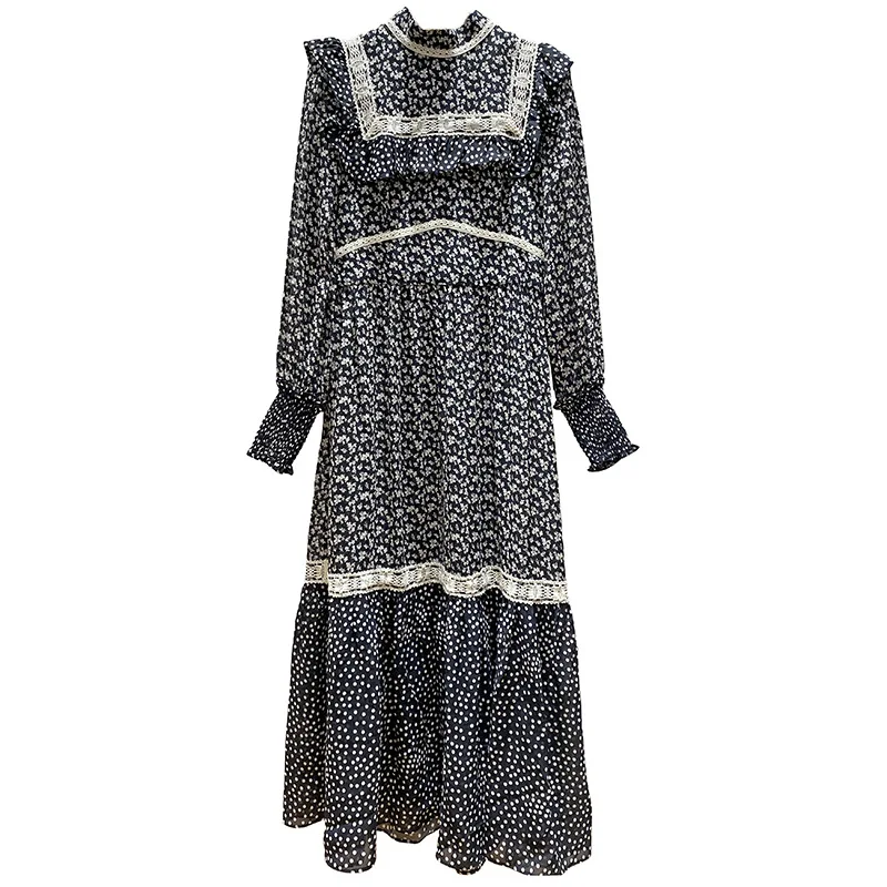 

Polka Dot Lace Patchwork Dress Women's Autumn New White Floral Print Navy Neck Dress