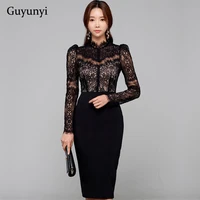 elegant party dress 2022 spring white black high waist tight stitching sexy lace stand collar long sleeves office lady dress