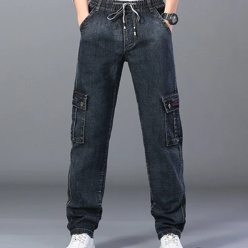 Супер свободные эластичные джинсы мужские прямые брюки-трубы с высокой талией большого размера