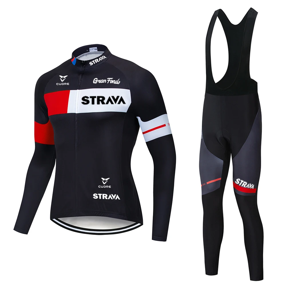 

2021 STRAVA Spring/Autumn Cycling Jersey 19D Bib Set MTB Uniform Bike Clothing Quick Dry Bicycle Clothes Men Long Cycling Wear