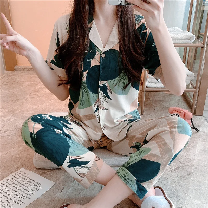 2021summer New Lapel Print Short Sleeve Pants Home Loose Casual Women's Pajama Set Lady Nightwear Female Sleepwear Sleeping Wear