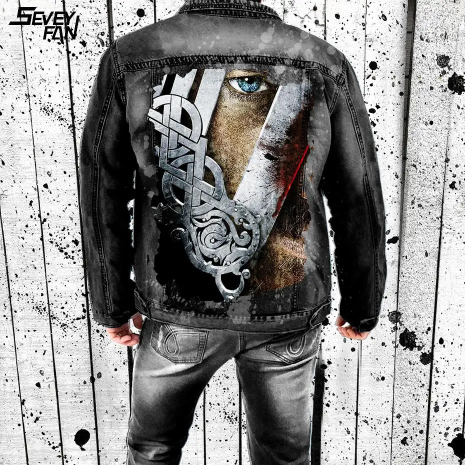 Джинсовая куртка в стиле викингов для мужчин черная модная Облегающая джинсовая