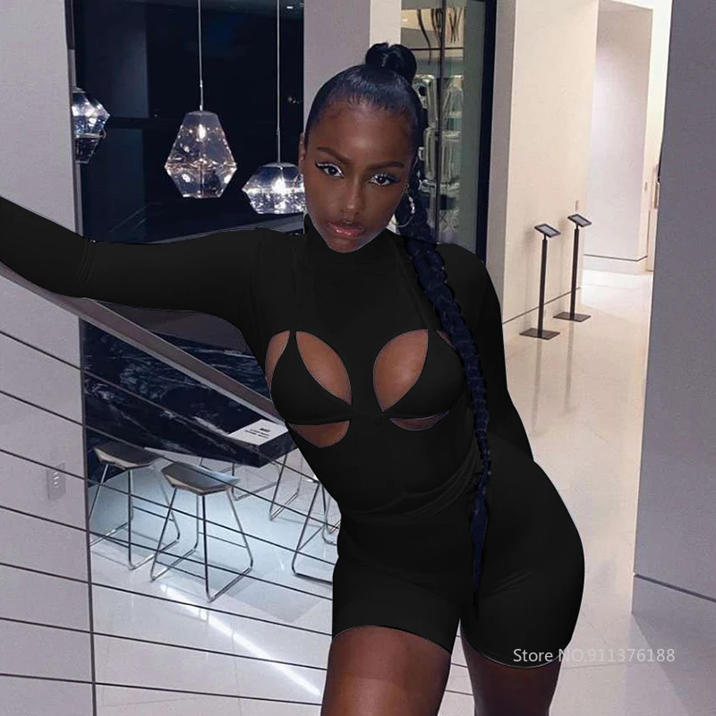

Ajoc Solid Sporty Fitness Playsuit+Bra Skinny Casual Biker Shorts Romper Autumn Long Sleeve Bodycon Hollow Out Sexy Jumpsuit