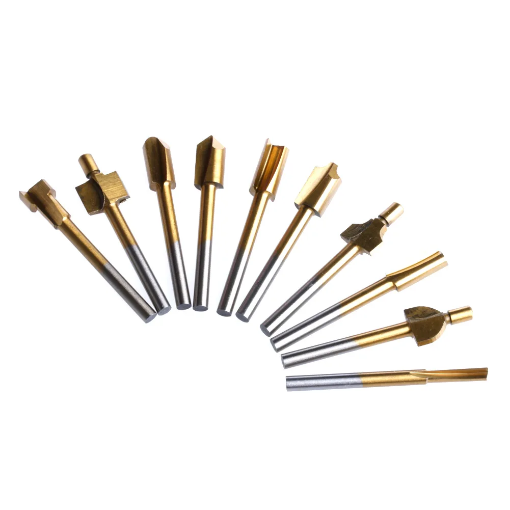 

10Pcs Titanium Mini Hss Router Bits Trimmer Shank 1/8" 3mm Rotary Tool
