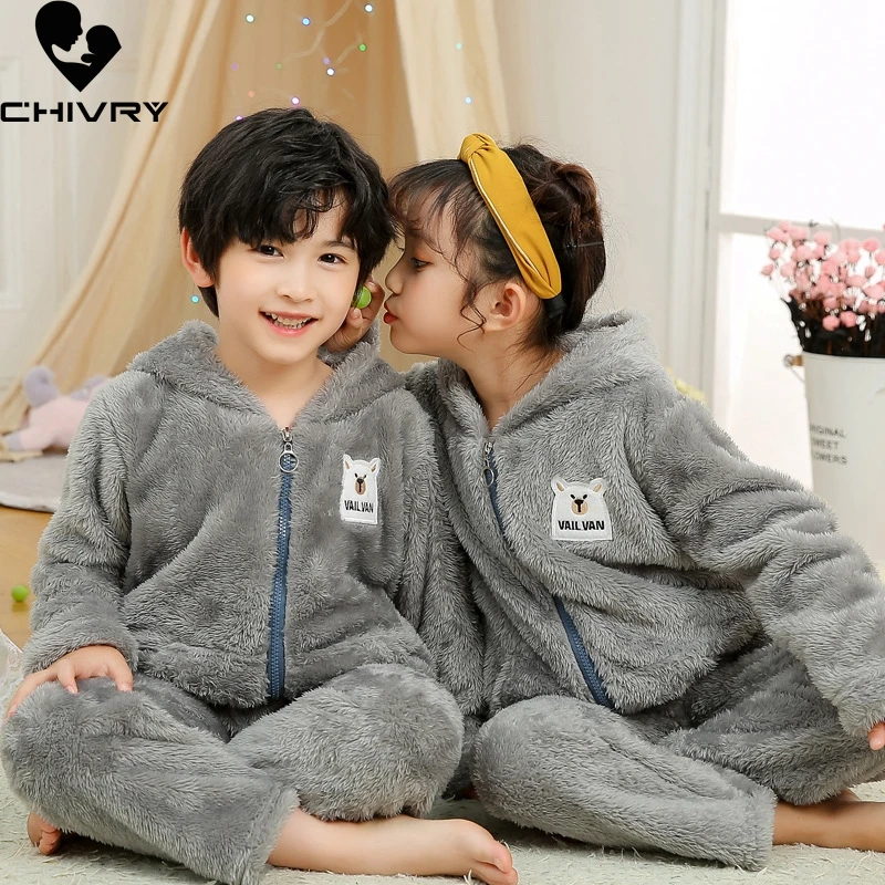 New 2020 Kids Boys Girls Autumn Winter Warm Cashmere Pajama Sets Hooded Long Sleeve Lapel Tops with Pants Sleeping Clothing Sets