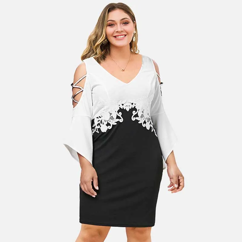 Wipalo Plus Size 5XL Criss Cross Flare Sleeve Fitted Dress Cold Shoulder V Neck Knee Length Bodycon Lace Appliqued Vestido | Женская