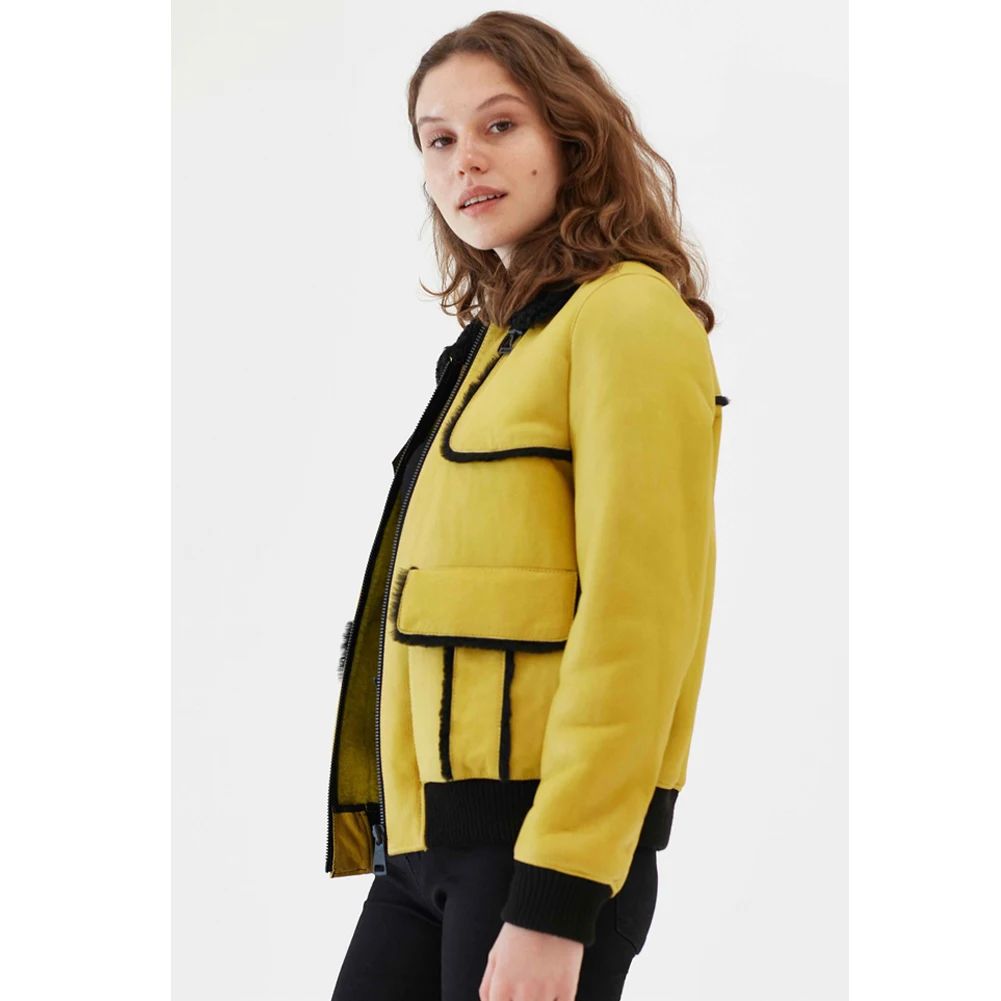 2019 New Womens Yellow Shearling Jacket Turkey Casual Fur Coat Fashion Short Outwear Warmest Winter Coats