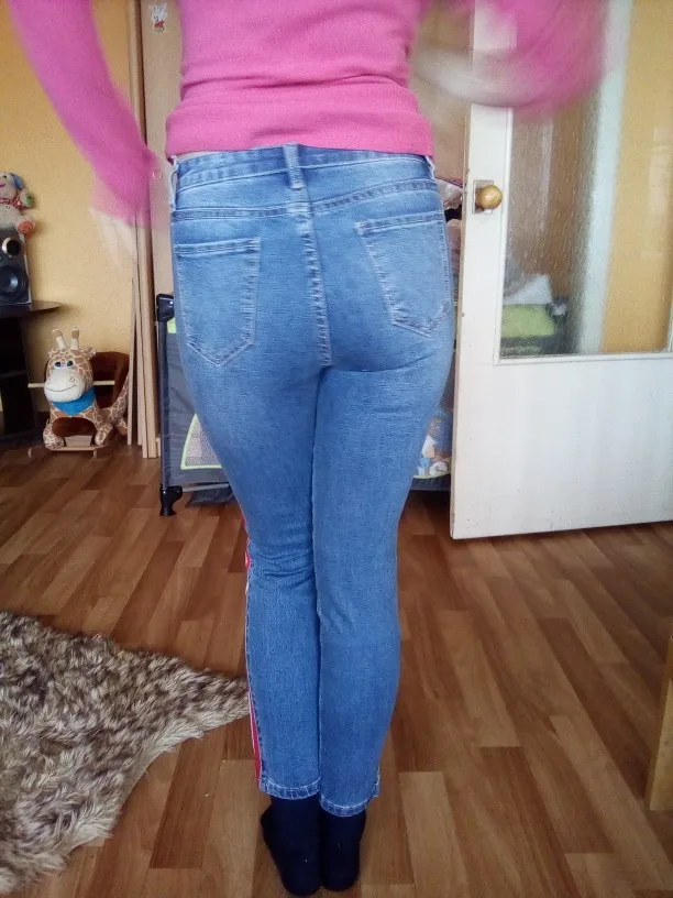 Женские джинсы в полоску с высокой талией Lguc.H Стрейчевые эффектом пуш ап для