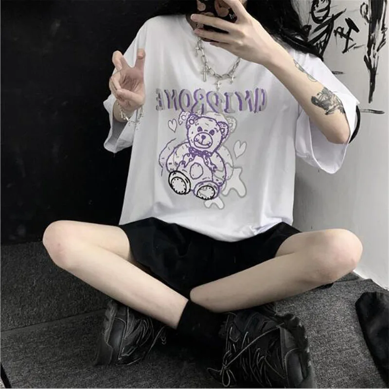 

Spring Summer New Women Top Cute Cartoon Print Short Sleeve Round Neck T shirts Women Cotton Spandex T shirt Women
