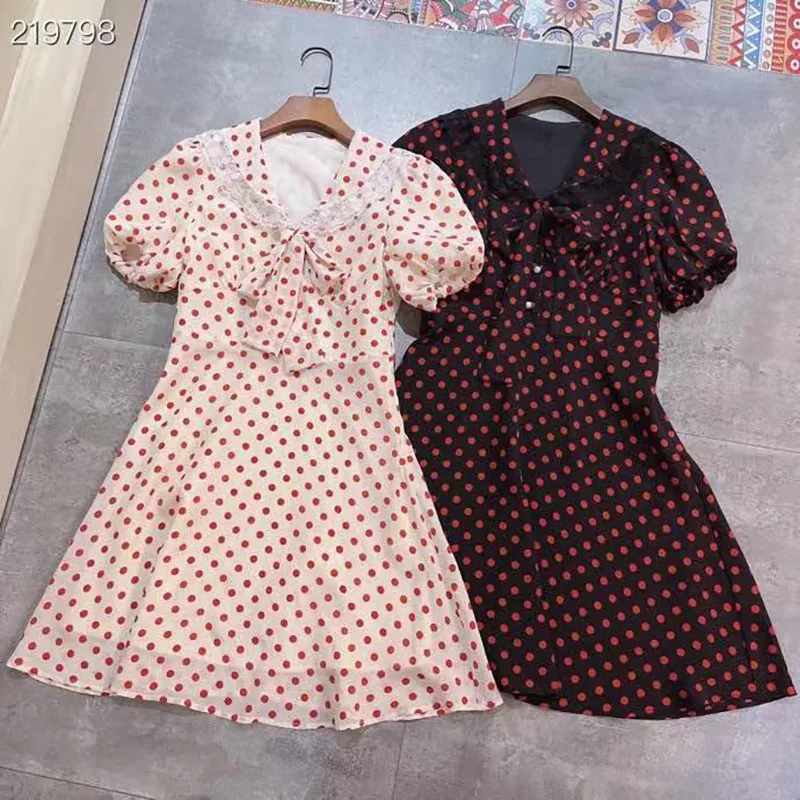 

Newest Fashion Women Mini Dress 2021 Summer Holiday Ladies Runway Lace Dot Print Short Sleeve Silk Dress