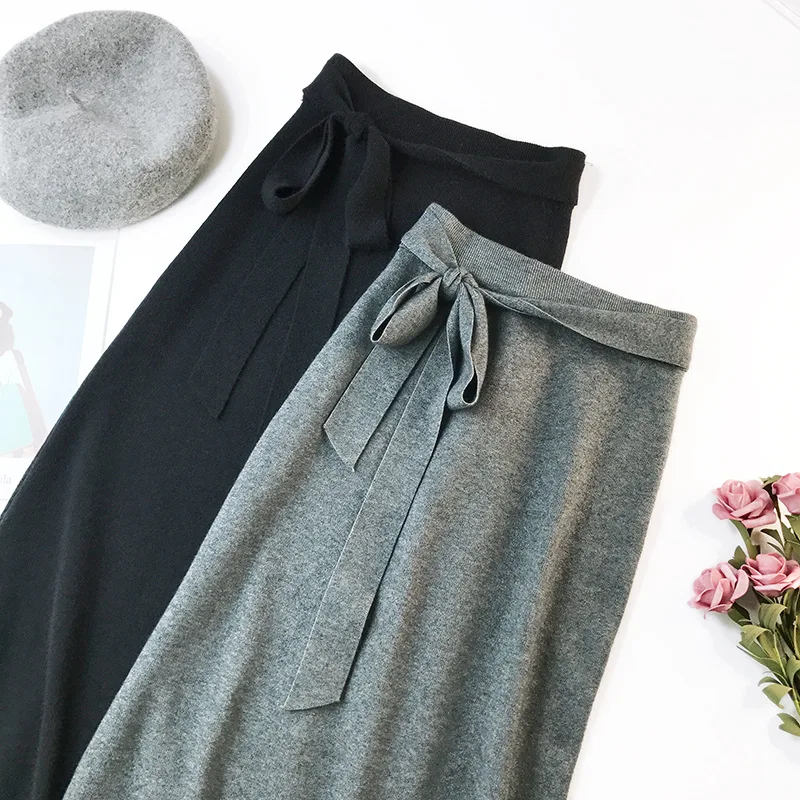 Высокая талия сплит юбки с завязками для женщин средней вязки Bodycon Твердые