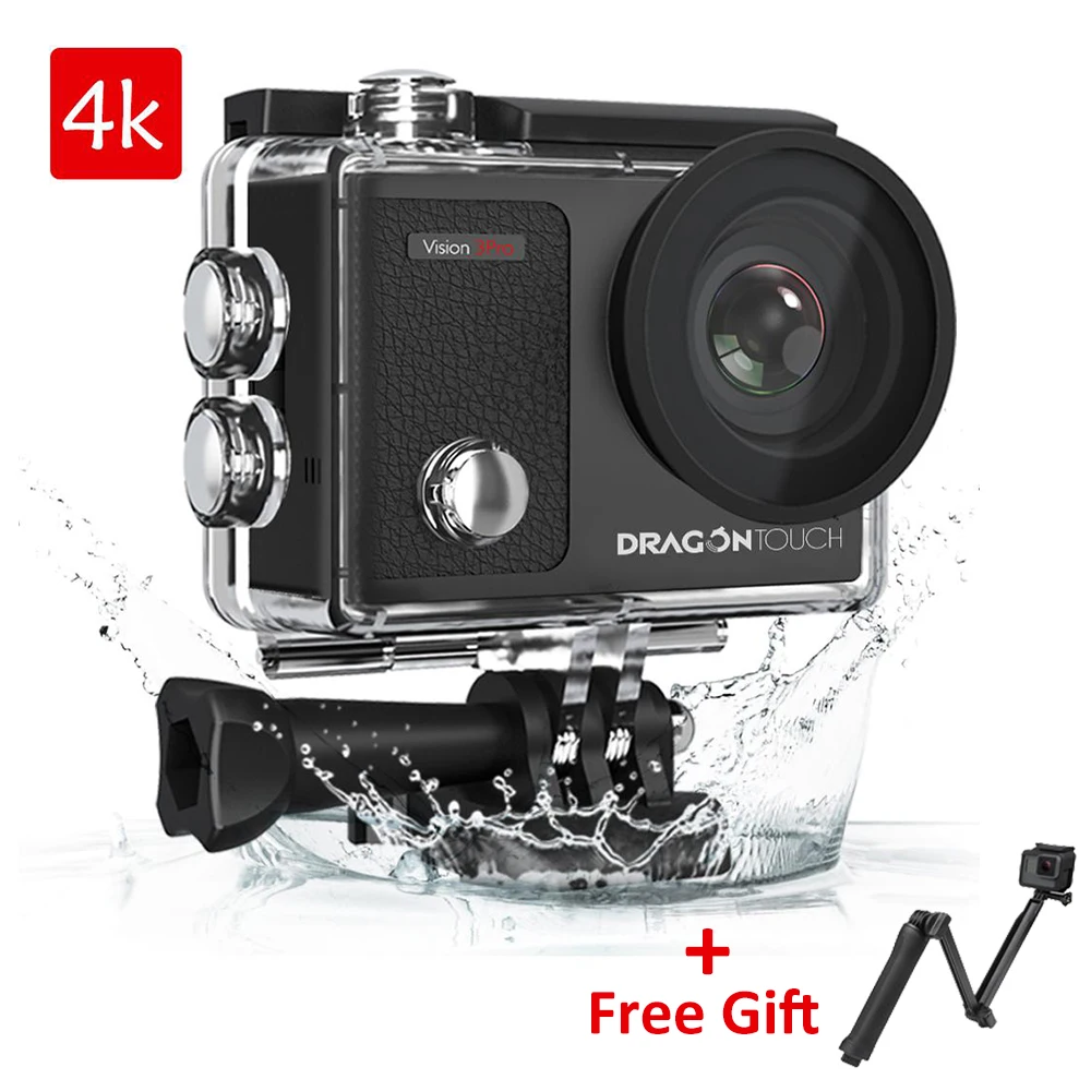 Экшн камера Dragon Touch 4K 16MP Vision 3 Pro с сенсорным экраном Wi Fi водонепроницаемая 100 футов