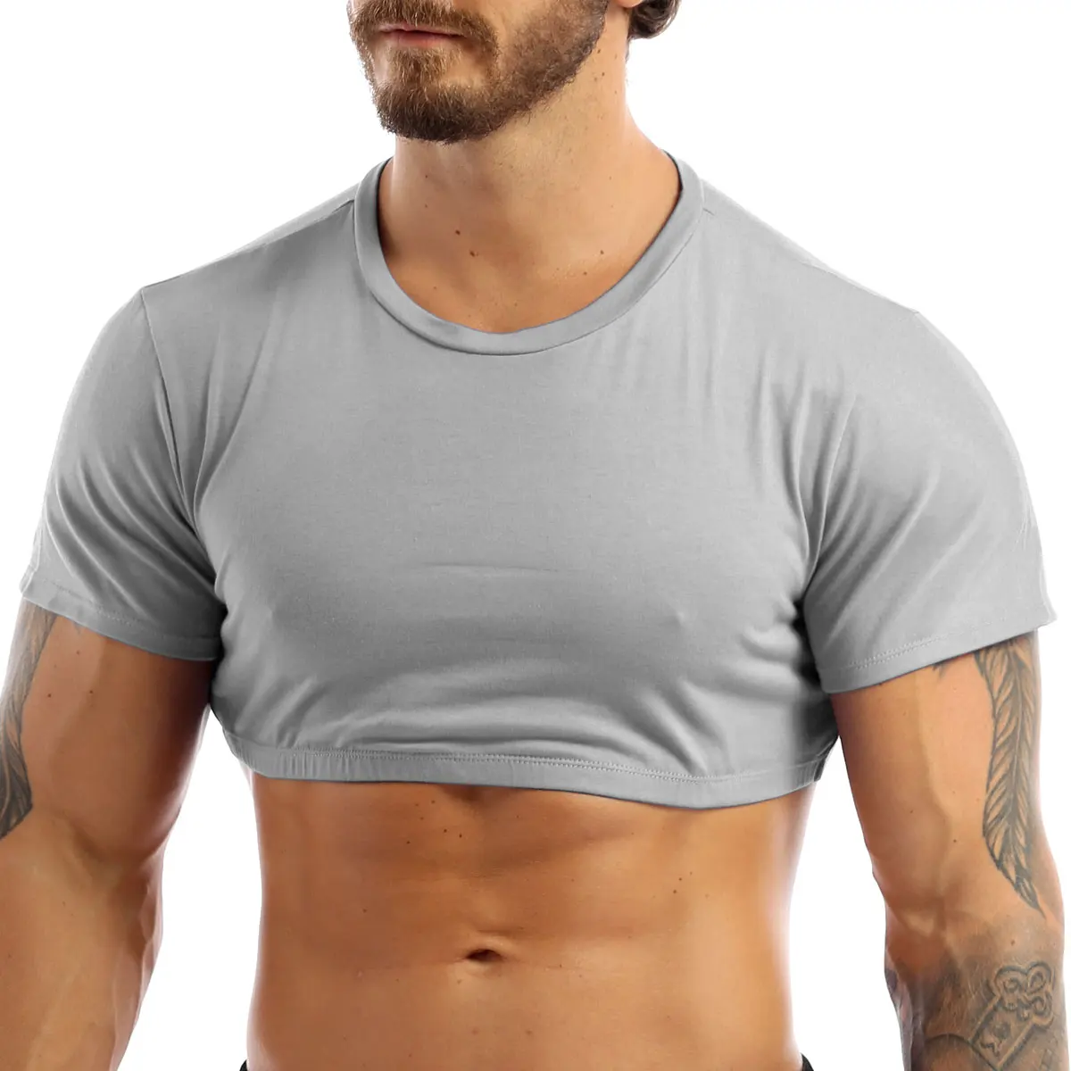 Men Crop Top Gay Short Sleeves Pullover T-Shirt Blouses Muscle Slim Fit Gym Clothing Casual Solid Color Basic Tank Top Singlet