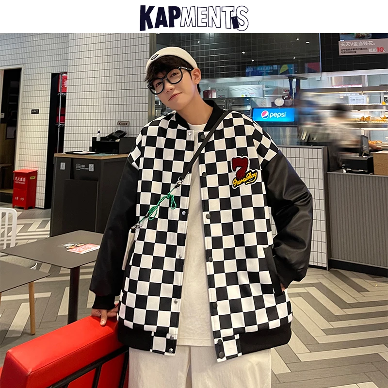 

KAPMENTS Men Winter Thick Baseball Parkas Jackets 2022 Mens Checkerboard Couple Streetwear Varsity Jacket Male Plaid Windbreaker