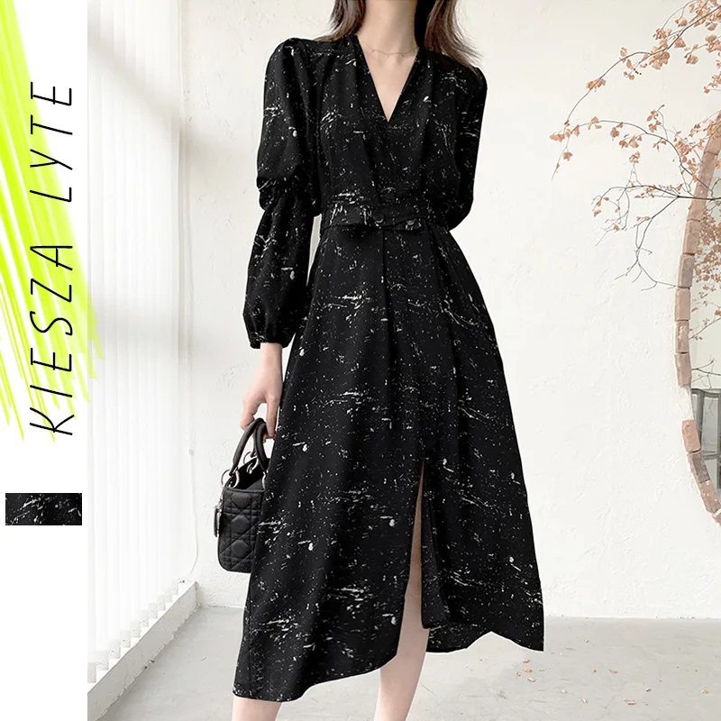 

Women Chiffon Dress 2022 Spring Summer New French Style Black Printed Bubble Sleeve Dresses Vestidos Mujer Female
