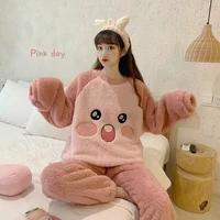 autumn and winter new plush kawaii loose plush sweet long sleeved pajamas student flannel home clothes pajamas for women