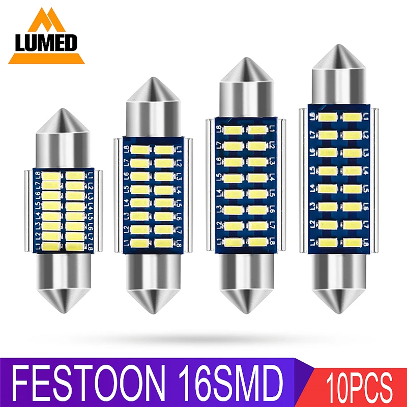 

10x Festoon Car LED Light 31mm 36mm 39mm 41mm C5W 16 LED 3014 SMD Auto Interior Lamp Dome Reading Lights 12V