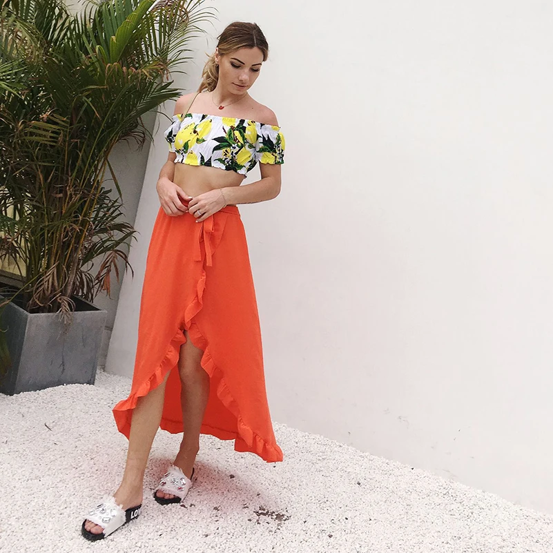 Стильные однотонные длинные юбки макси с оборками женские летние повседневные