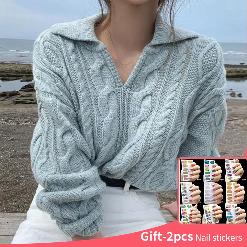 

Weave Women Sweater Pullovers Knitted Casual Solid Autumn Winter Turn-down Collar Jumper Feminine Loose All Match Soft Sweet Top