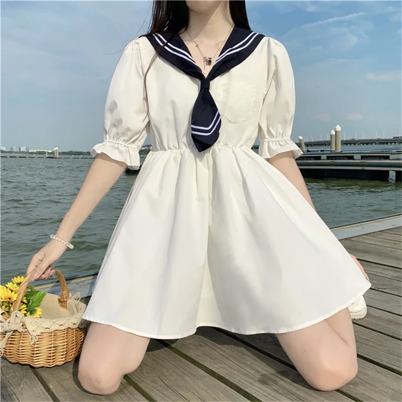 

Japanese Kawaii White Sailor Collar Women Dress Summer Sweet Cute Short Sleeve Big Hem Midi Dresses Female Soft Girls Dresses