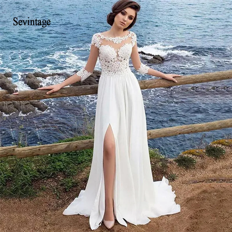 

Sevintage Sheer Scoop Chiffon Boho Wedding Dresses Beach 3/4 Sleeves Lace Applique Wedding Gowns Split Side Csutom Made Vestidos