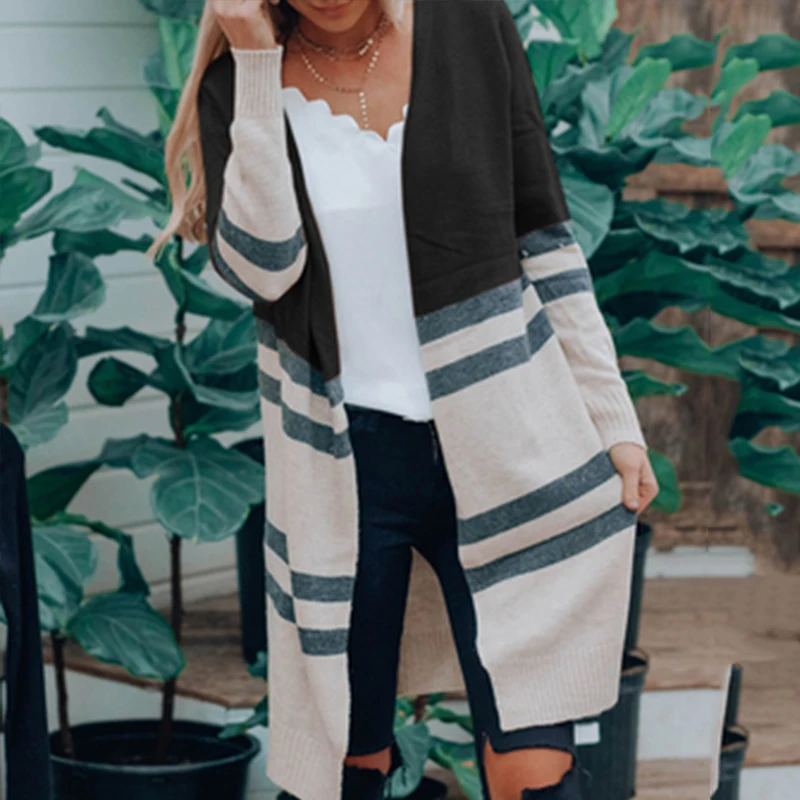 Женский длинный кардиган в полоску Umeko Осенний Вязаный Кардиган с длинным