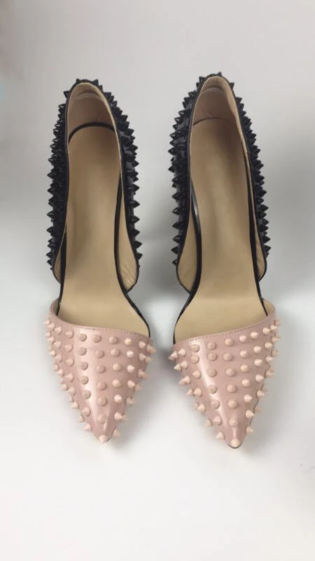 

ASHIOFU Hot Sale Real Photos Women's Handmade High Heel Pumps Black&Pink Party Dress Shoes Rivets Spikes Evening Fashion Shoes