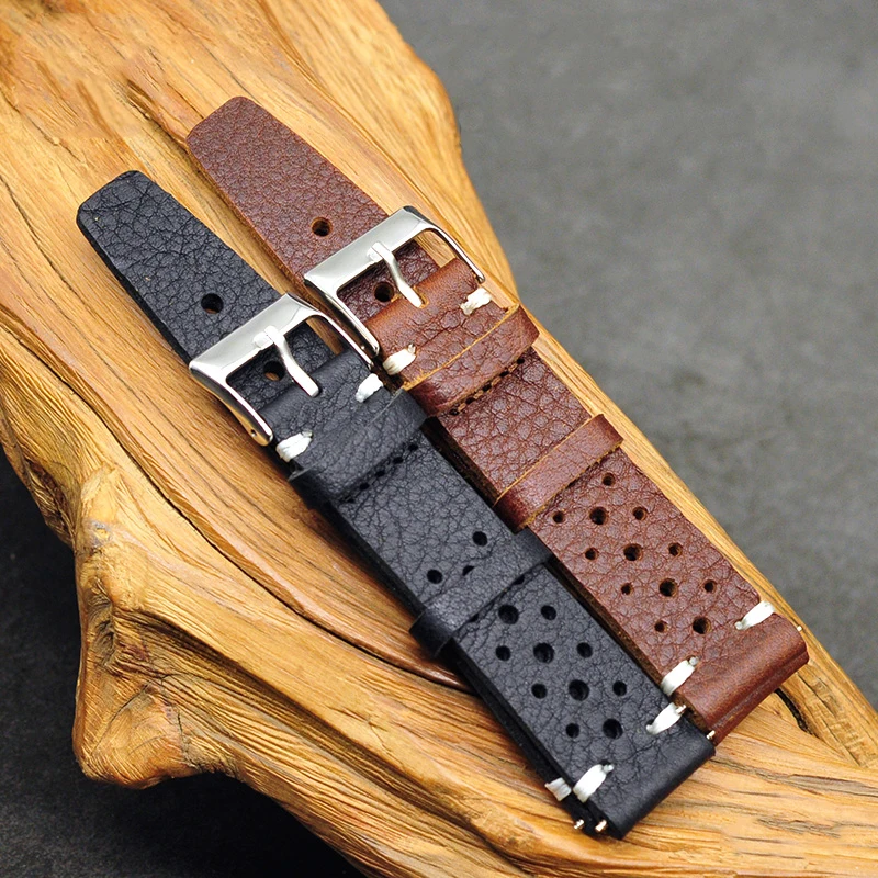 Leather Watch Strap 18mm 20mm 22mm Waterproof Sweatproof  Porous Breathable Watch Band Belt Wist Bracelet Black Brown