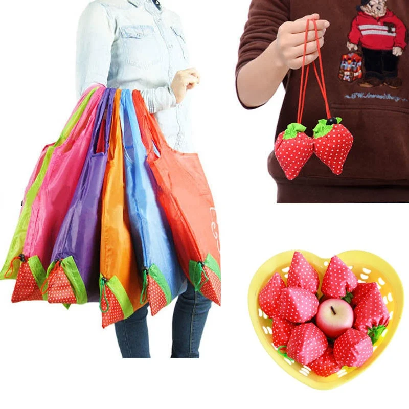 

Foldable Shopping Bags Storage Handbag Strawberry Printing Reusable Folding Grocery Nylon Large Bag 8 colors