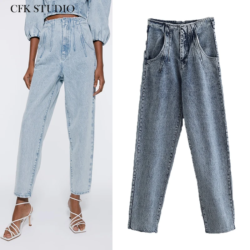Женские джинсы с высокой талией ZA свободные джинсовые брюки карманами на молнии