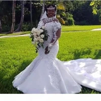 african plus size wedding dresses 2021 high neckline illusion long sleeve appliques beaded mermaid bridal gowns court train