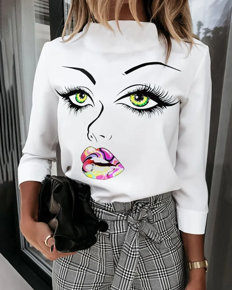 

2020 New Fashion Women Casual Blouse Spring and Fall Long Sleeve Mock Neck Figure Print Pullover